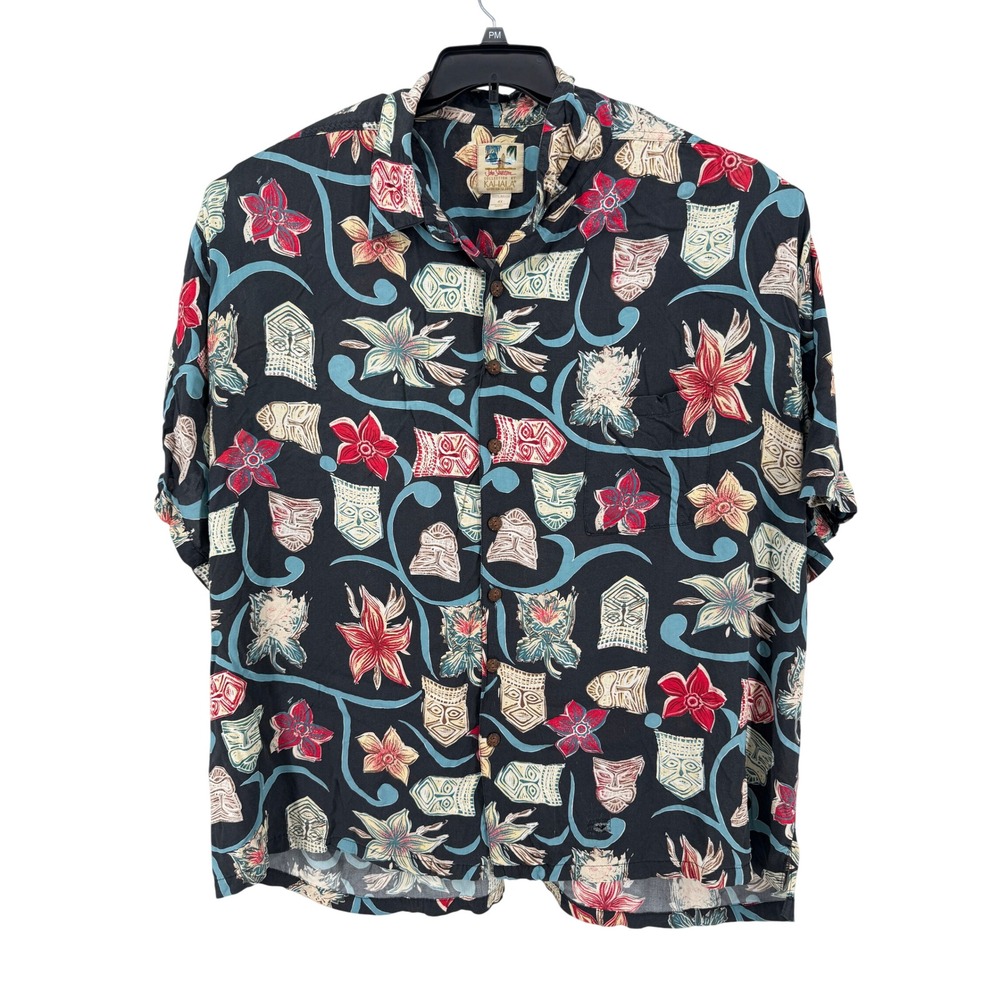 Kahala John Severson Hawaiian Shirt Mens 4XL Black Tiki Mask Floral Rayon Aloha